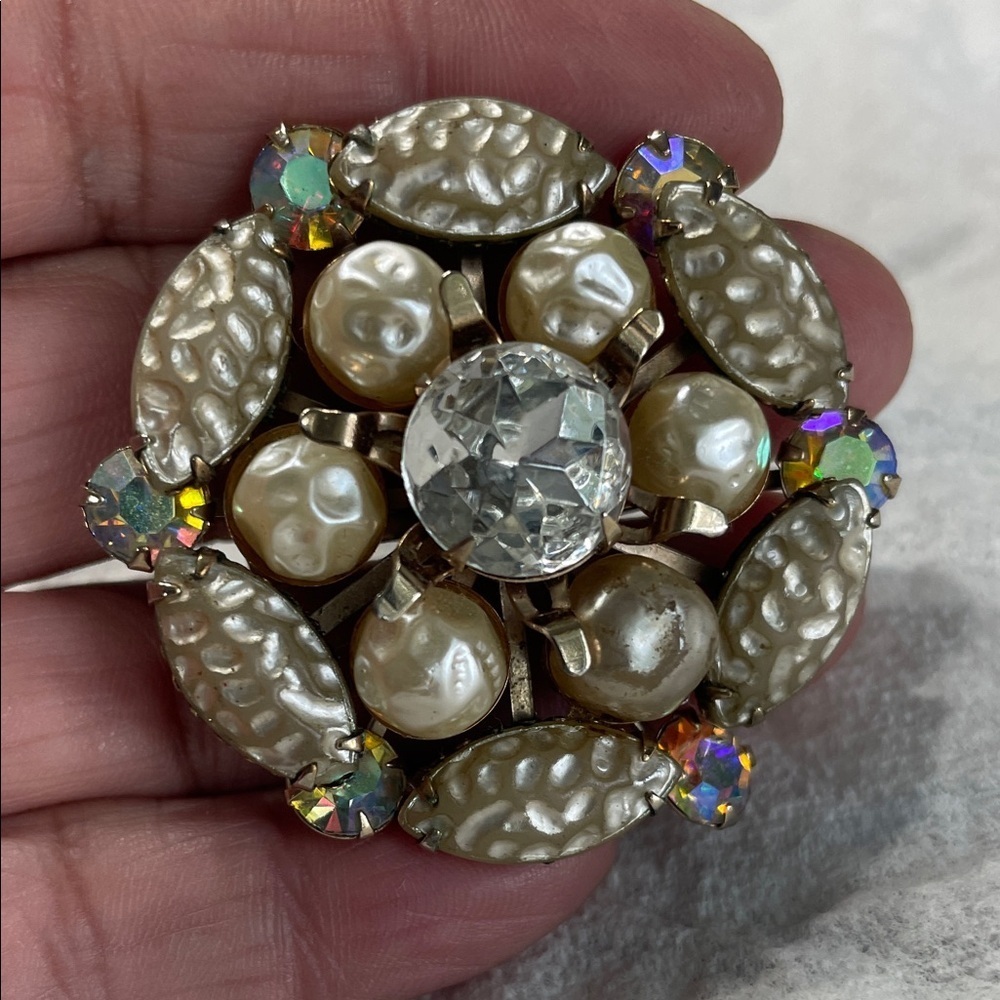 Vintage faux pearl and AB and Crystal Brooch